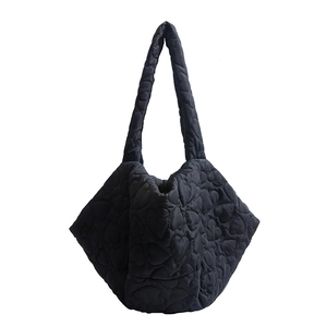 Black heart-quilted puffer tote bag with large capacity and stylish glossy nylon finish