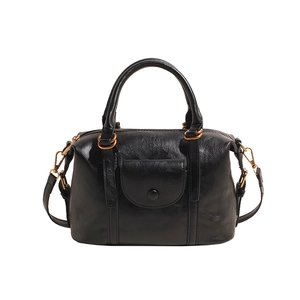 Retro black leather crossbody bag for women with top handles and front pocket