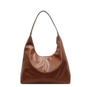 Brown soft PU leather hobo tote bag with large capacity and stylish vertical stitching