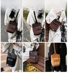 Multiple views of a vintage canvas and leather bucket bag in various outdoor settings