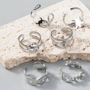 Set di 6 anelli regolabili in acciaio inossidabile argento con perle e fiori