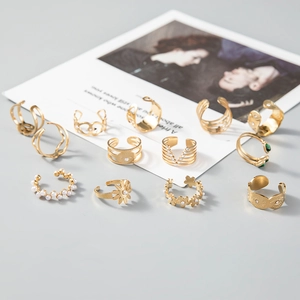 12-piece 14K gold plated ring set with pearls and floral motifs in varied designs