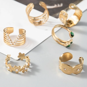 Selection of 14K gold-plated stainless steel open rings with pearls and zircon details