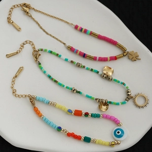 Bohemian Beaded Bracelets Stainless Steel Evil Eye Clover Sun Pendants Colorful Polymer Clay Heishi Jewelry Women