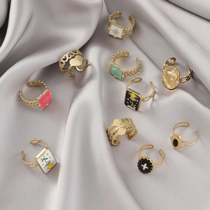 Vintage 14K gold plated stainless steel open rings set with colorful enamel designs