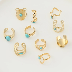 Detail of 10-piece gold bohemian ring set featuring turquoise stones and ethnic patterns