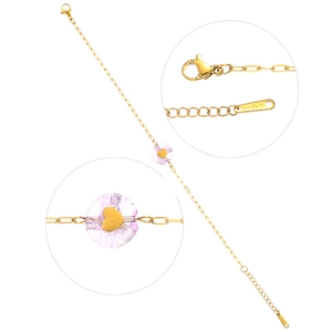 Bracelet en acier doré avec pendentif pierre naturelle violette et breloque cœur
