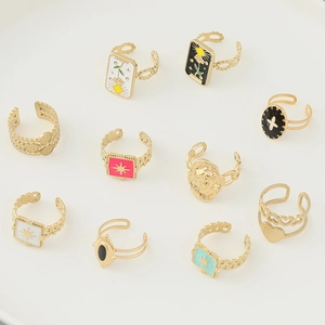 Set of 10 vintage 14K gold plated stainless steel open rings with colorful enamel charms