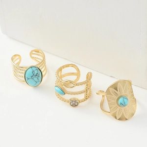Three-piece gold stainless steel ring set featuring vintage turquoise and zircon stones