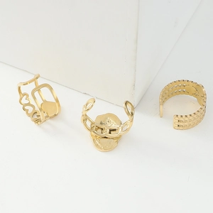 Three-piece gold plated stainless steel open rings with heart and chain details