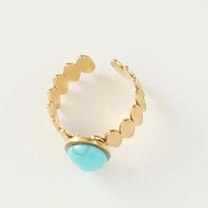 Detailed top view of gold-tone heart-shaped textured ring with round turquoise stone