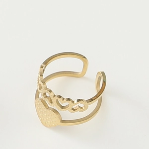 Detail of 14K gold plated stainless steel double layer ring with hollow heart patterns