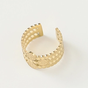 Detailed close-up of 14K gold plated adjustable ring with vintage dotted texture