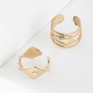14K gold plated stainless steel open rings with star moon design and pearl flower