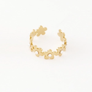 14K gold plated floral open ring with elegant faux pearl centers for women