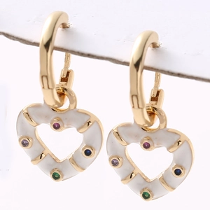 18K gold heart hoop earrings with white enamel and colorful cubic zirconia stones