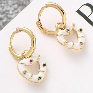 18K gold plated hoop earrings with white enamel heart charms and colorful crystals