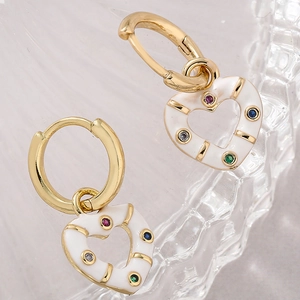 18K gold heart-shaped hoop earrings with white enamel and colorful inlaid crystals
