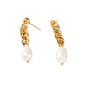 Elegant gold threaded stainless steel earrings with baroque pearls on white background