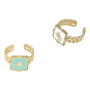 Vintage 14K gold plated open rings with square enamel star patterns in white and green