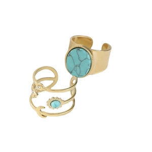 Bohemian gold wide band ring with turquoise stone and celestial moon star motifs
