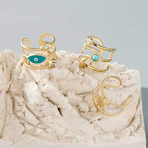 Gold stainless steel evil eye and sun totem open rings with zircon inlays