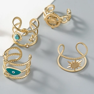 Gold stainless steel evil eye and sun ring set with turquoise and zircon accents