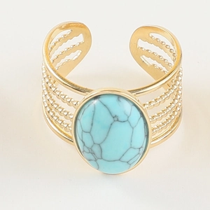 Detail of wide gold ring with oval green turquoise stone and vintage beaded band texture