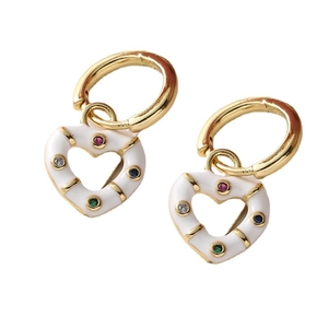 18K gold heart-shaped hoop earrings with colorful crystals and white enamel finish