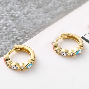 Fashionable gold-plated evil eye hoop earrings with colorful enamel and zircon stones