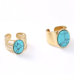 Gold stainless steel oval turquoise ring set with adjustable open band for women