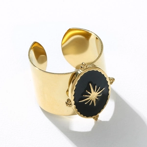 Detail of adjustable gold titanium ring with black oval stone and sunburst motif