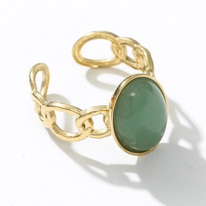 Detailed side view of golden chain band ring with an oval green stone inlay