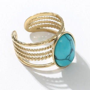 Adjustable gold stainless steel ring with oval turquoise and multi-layer textured bands