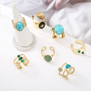 Bohemian Stainless Steel Adjustable Rings With Natural Stone And Enamel Vintage Jewelry For Women