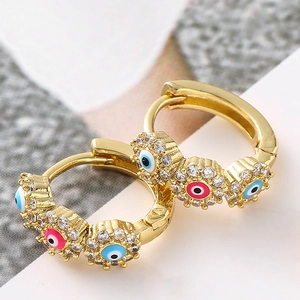 Gold-plated evil eye hoop earrings with colorful crystals and white zircon stones