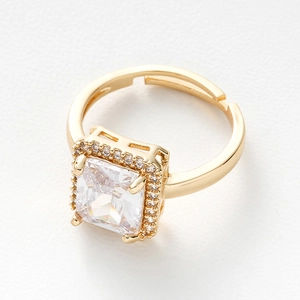 Adjustable gold ring featuring a large square emerald-cut zircon with pave diamond halo