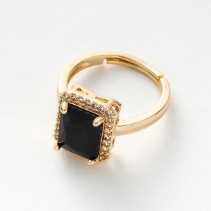 Adjustable gold ring with rectangle black zircon stone and micro-paved crystals