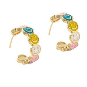 Colorful enamel smiley face C-shaped hoop earrings in gold plated finish for women