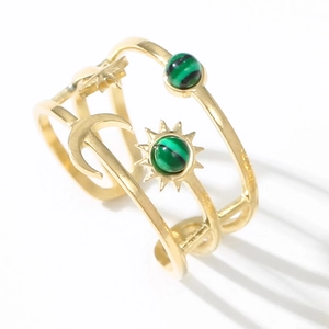 Bague en acier doré ajustable avec pierre de malachite et motifs célestes d'étoiles