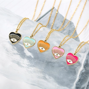Five gold plated stainless steel heart necklaces with colorful evil eye enamel charms