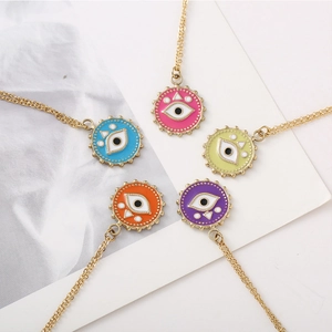 Fashionable gold-plated evil eye round pendant necklaces in five vibrant enamel colors