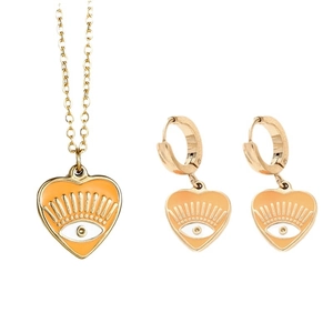 Parure de collier et boucles d'oreilles cœur dorée avec œil en émail orange