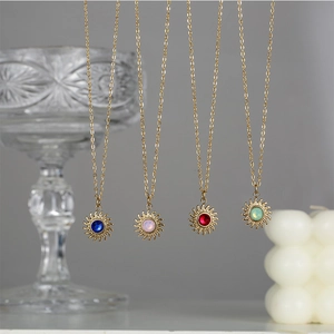 Elegant gold stainless steel sun pendant necklaces with colorful gemstone accents