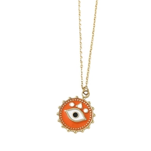 Minimalist stainless steel evil eye necklace with orange enamel and golden bead border