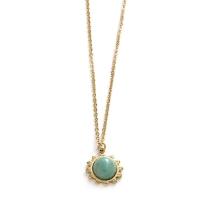 Retro gold sun pendant necklace with round green stone on a minimalist chain