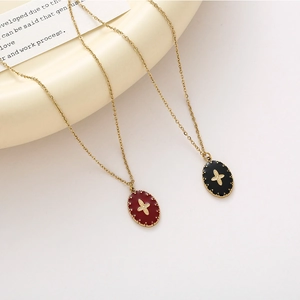 Oval cross star pendant necklaces in red and black enamel with 14K gold plated chains