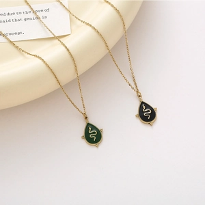 Retro 14k gold plated stainless steel necklace with snake emblem and enamel pendant
