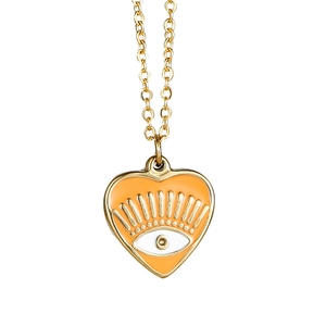 14k gold plated stainless steel heart necklace with orange enamel evil eye pendant