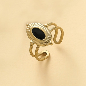 Bague ouverte vintage en acier doré avec émail noir ovale et texture rayons de soleil